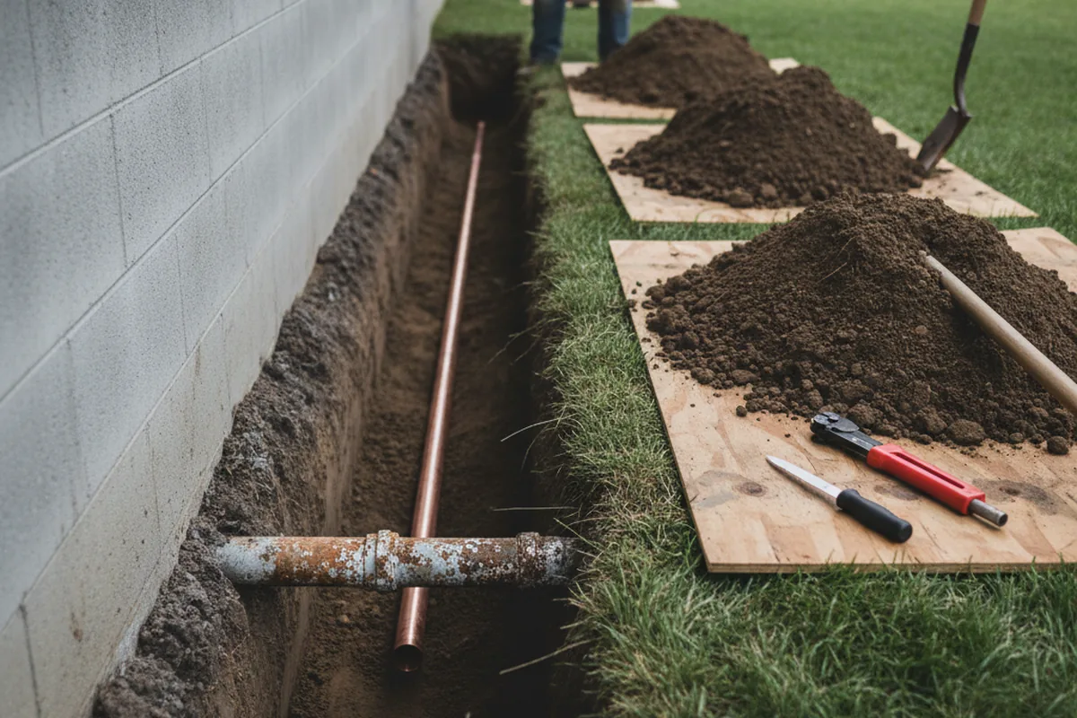 Excavated water line trench during Sewer Line Repair in Loxley